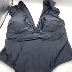 Cupshe Black Plus Size One Piece Swimsuit 3X Deep Plunge Ruffle Shoulder Mesh